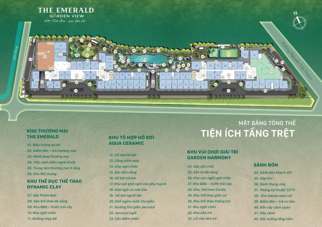 Mặt bằng tầng tiện ích Emerald Garden View với hồ bơi, công viên, khu vui chơi trẻ em và các tiện ích nội khu dành cho cư dân.